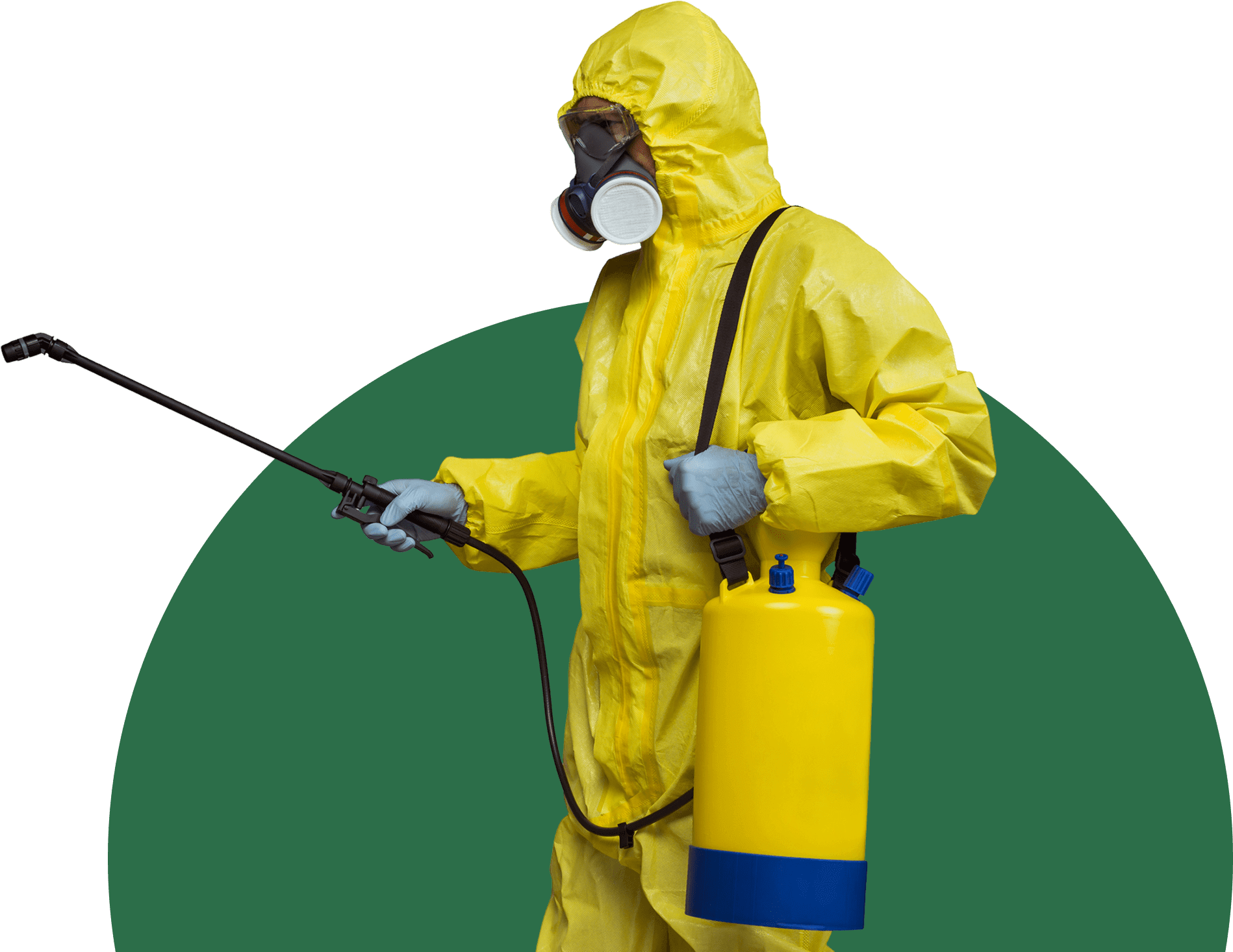 Person in hazmat suit with spray equipment.